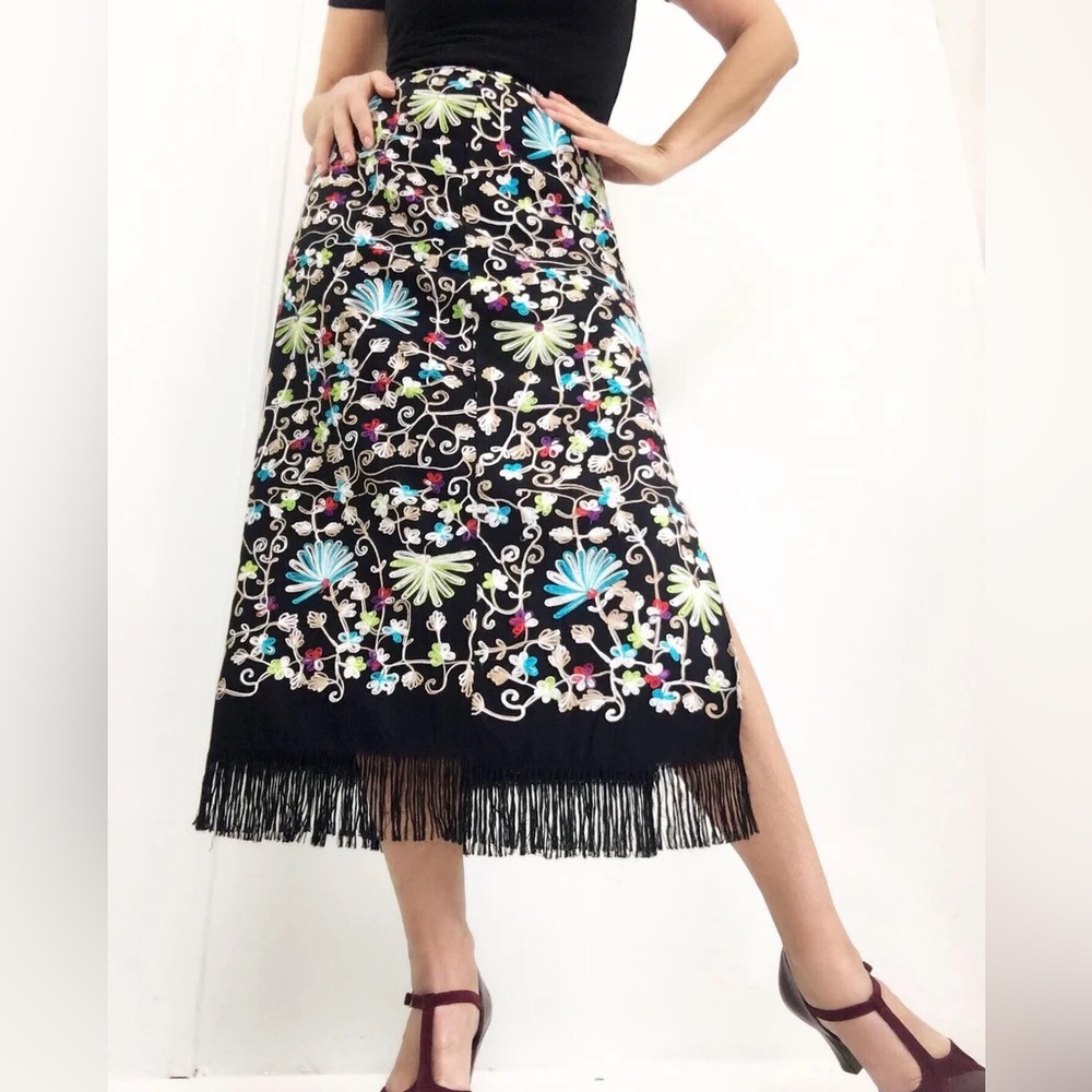 Intriguing Threads Boho Cottagecore Embroidered Floral Fringe Midi Maxi Skirt 4
